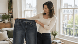 Woman holding up her old, much larger jeans after losing a lot of weight, in a bright London flat