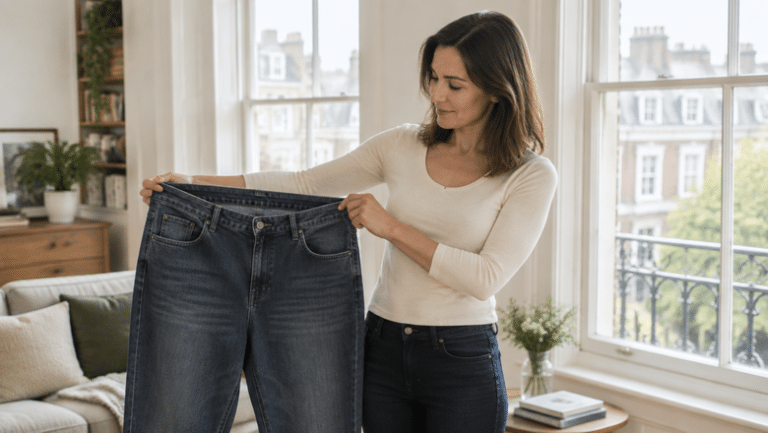 Woman holding up her old, much larger jeans after losing a lot of weight, in a bright London flat