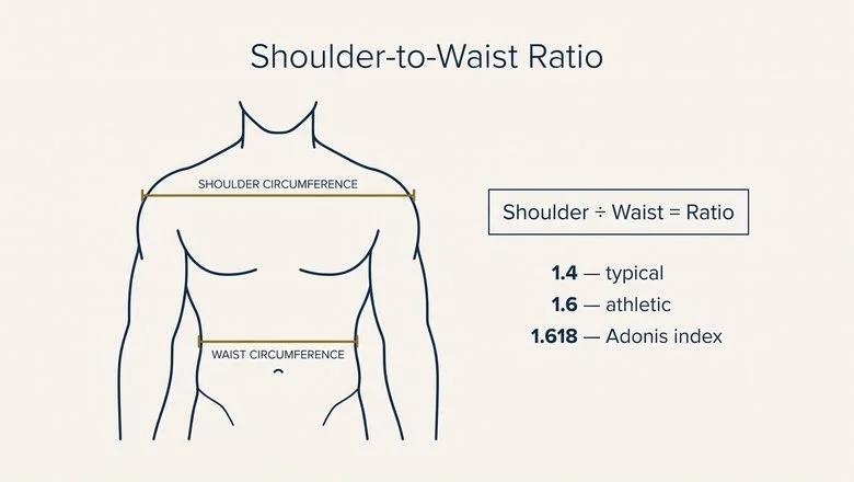 Shoulder-to-waist ratio diagram showing how to measure shoulder and waist circumference, with typical 1.4, athletic 1.6 and Adonis index 1.618 values
