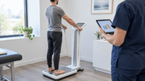 Slim man standing on a body composition analyser while a clinician reviews his muscle and body fat results