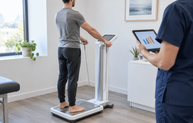 Slim man standing on a body composition analyser while a clinician reviews his muscle and body fat results