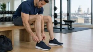 Man in his early thirties with a muscular upper body and slim calves, lacing his trainers on a bench in a bright London gym