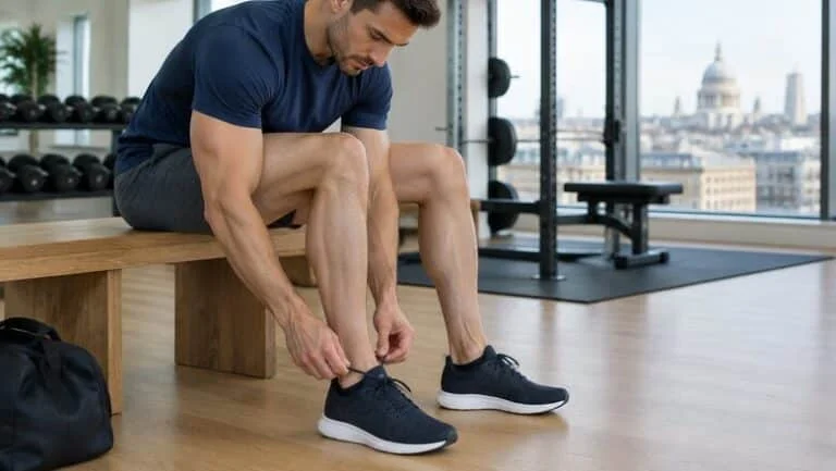 Man in his early thirties with a muscular upper body and slim calves, lacing his trainers on a bench in a bright London gym