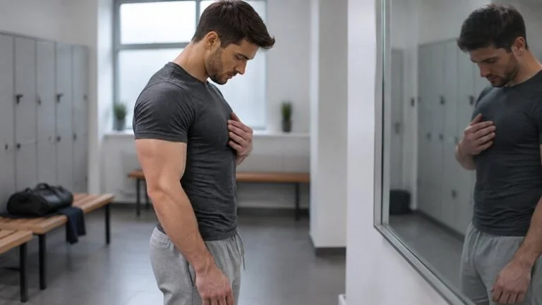 Muscular man in a gym changing room looking down at his chest in the mirror, concerned about steroid gyno