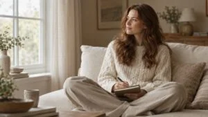 Woman in a cream knit jumper sitting on a linen sofa with a notebook — trim labiaplasty vs wedge labiaplasty