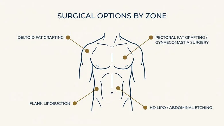 V-taper surgical options by zone — deltoid fat grafting to shoulders, pectoral fat grafting and gynaecomastia surgery to chest, flank liposuction to love handles, HD lipo and abdominal etching to abdomen
