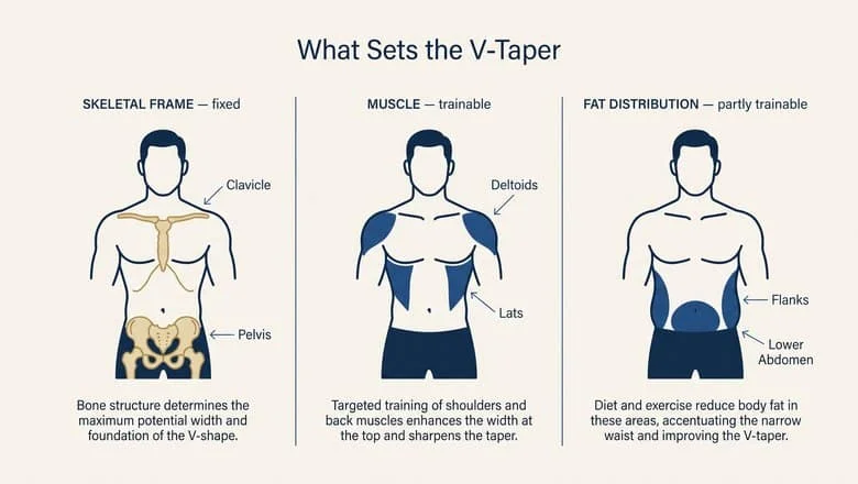 Diagram showing the three components of a V-taper body — fixed skeletal frame, trainable muscle, and partly trainable fat distribution