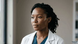 African and Black rhinoplasty consultation at Centre for Surgery London — three-quarter profile showing nasal dorsum, tip and alar base