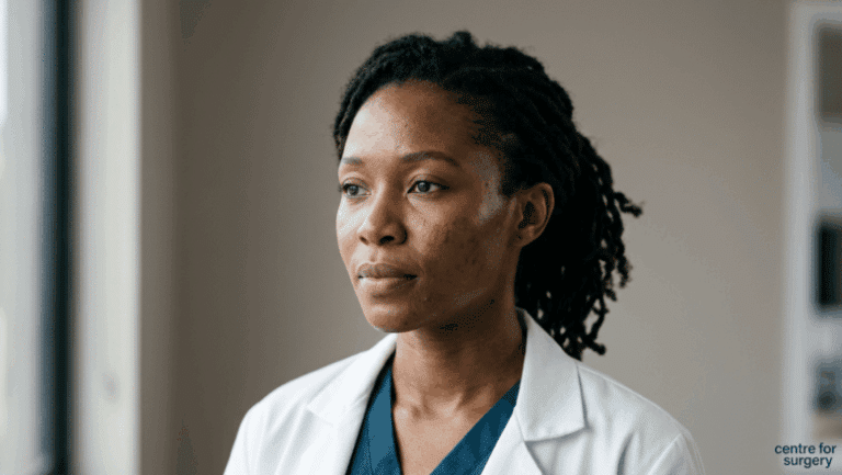 African and Black rhinoplasty consultation at Centre for Surgery London — three-quarter profile showing nasal dorsum, tip and alar base