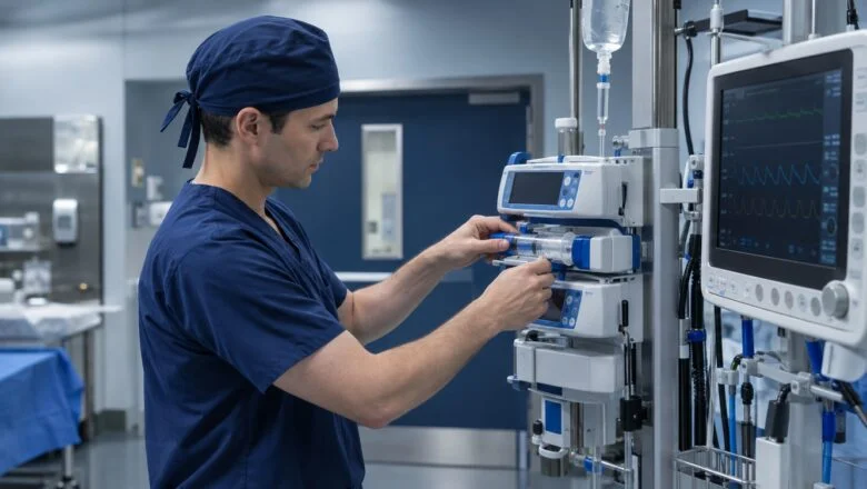 A consultant anaesthetist adjusting an infusion pump beside a patient monitor before cosmetic surgery