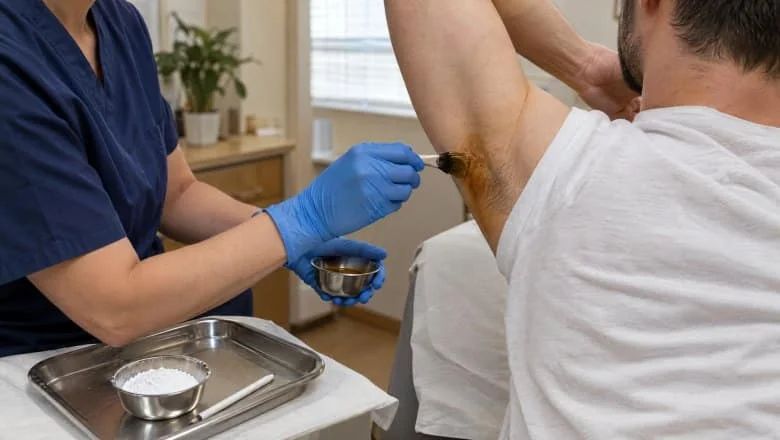 Surgeon mapping the underarm sweating area with a starch-iodine test before anti sweat injections in London