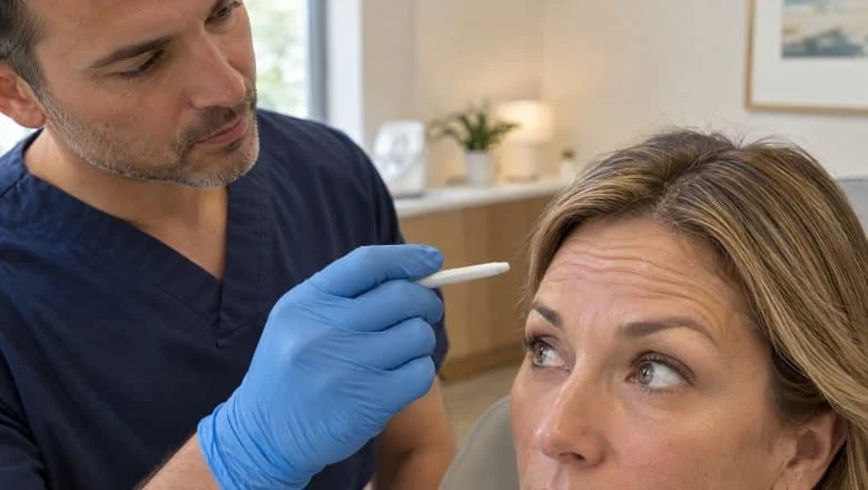 Surgeon with a skin-marking pencil assessing forehead and frown lines before anti wrinkle injections in London
