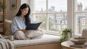 Woman sitting on a window seat at home reading her written areola reduction quote
