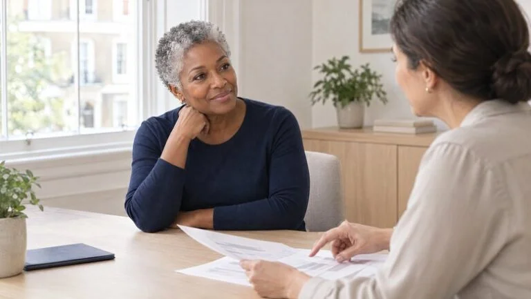 Woman listening as a consultant surgeon explains her arm lift treatment plan at Centre for Surgery, London