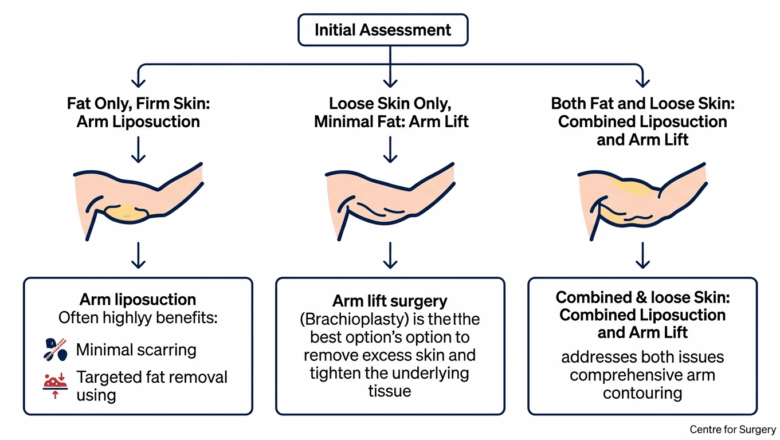 Decision flowchart for choosing between arm liposuction and arm lift surgery at Centre for Surgery London