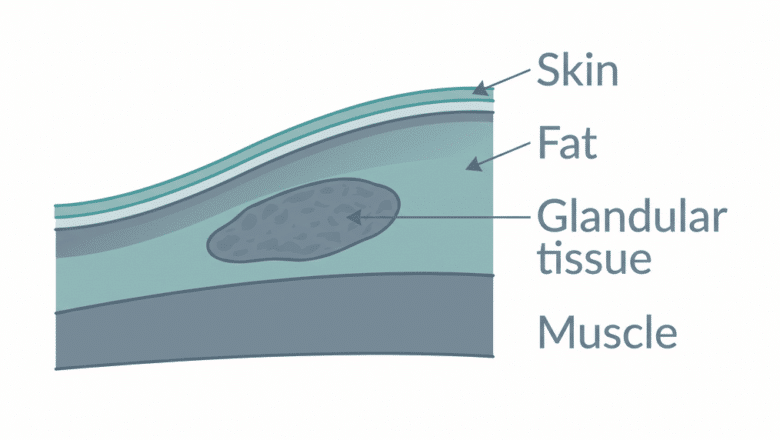 Cross-section diagram of the armpit showing skin, subcutaneous fat, glandular tissue and muscle layers — why armpit fat and breast tissue feel different, Centre for Surgery London