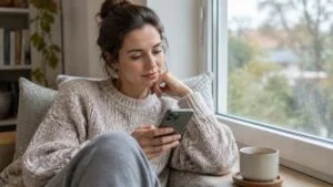 Woman sitting on a window seat reading about asymmetrical labia on her phone
