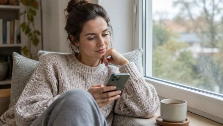 Woman sitting on a window seat reading about asymmetrical labia on her phone