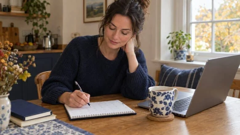 A woman at her kitchen table planning dates in a paper calendar, with a laptop and a mug of tea