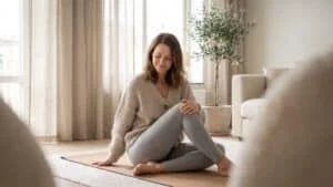 Woman sitting on a yoga mat at home, relaxed and comfortable — big labia and labial hypertrophy