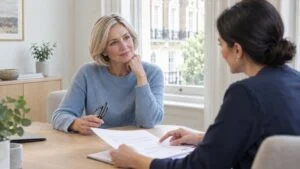 Woman holding her reading glasses as a consultant surgeon explains her blepharoplasty treatment plan at Centre for Surgery, London