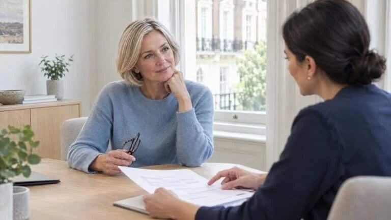 Woman holding her reading glasses as a consultant surgeon explains her blepharoplasty treatment plan at Centre for Surgery, London