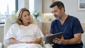 Woman in her fifties sitting in a recovery chair talking with a consultant anaesthetist about having eyelid surgery awake or asleep