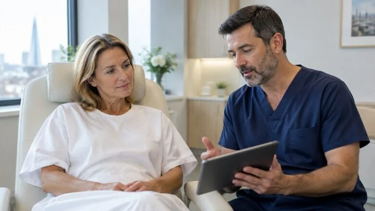 Woman in her fifties sitting in a recovery chair talking with a consultant anaesthetist about having eyelid surgery awake or asleep