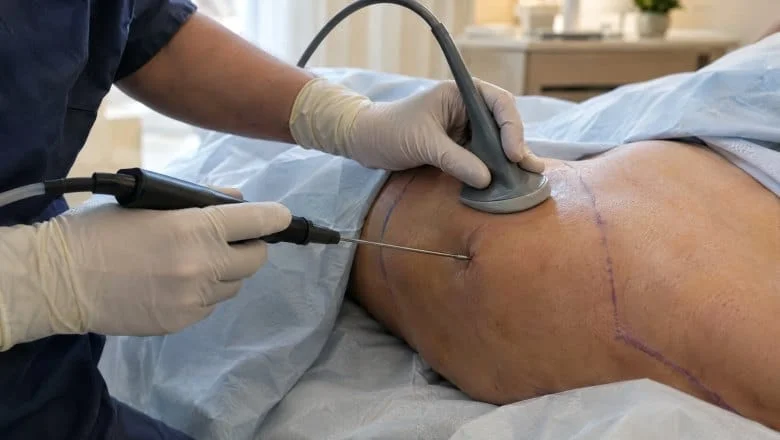 Surgeon's gloved hands guiding a BodyTite radiofrequency handpiece over marked abdominal skin during treatment in London
