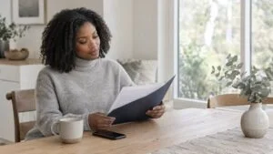 Woman at home reading her written breast augmentation quote at the kitchen table, taking time to decide