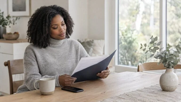 Woman at home reading her written breast augmentation quote at the kitchen table, taking time to decide