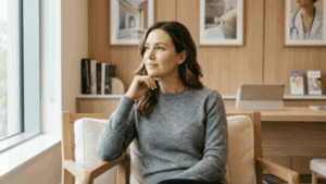 Confident woman considering breast augmentation in a bright modern consultation setting at Centre for Surgery London