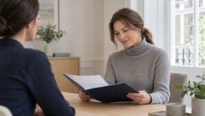 Woman reading her written breast implant removal treatment plan with a patient coordinator at Centre for Surgery, London