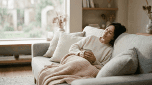 Woman resting comfortably at home during breast implant removal and replacement recovery, Centre for Surgery London