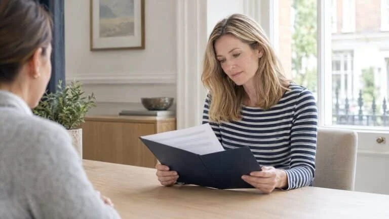 Woman reading her written breast lift treatment plan with a patient coordinator at Centre for Surgery, Baker Street, London