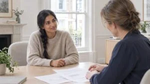 Woman talking through her breast reduction treatment plan with a consultant surgeon at Centre for Surgery, London
