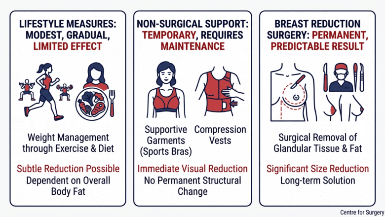 Comparison diagram showing three approaches to reducing breast size at Centre for Surgery London — lifestyle measures, non-surgical support, breast reduction surgery