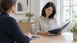 Woman reading her written brow lift treatment plan with a patient coordinator at Centre for Surgery, Baker Street, London