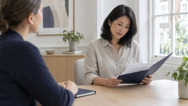 Woman reading her written brow lift treatment plan with a patient coordinator at Centre for Surgery, Baker Street, London