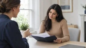 Woman going through her buccal fat removal treatment plan with a patient coordinator at Centre for Surgery, London