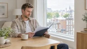 Man at home reading his written calf implants quote at a table by the window