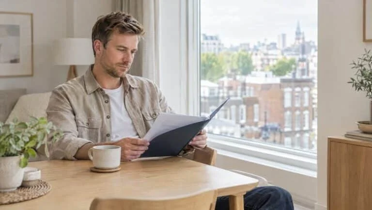 Man at home reading his written calf implants quote at a table by the window