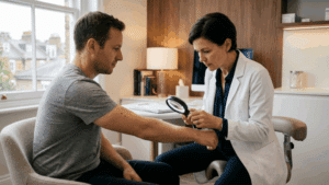 Doctor examining patient skin in clinical consultation at Centre for Surgery London Baker Street private clinic