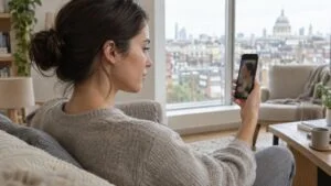 Woman in her late twenties sitting by a window in a London flat, looking at her own side profile on her phone while thinking about a nose job