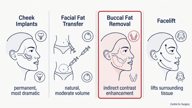 Comparison diagram of surgical cheekbone enhancement options: cheek implants, facial fat transfer, buccal fat removal, and facelift