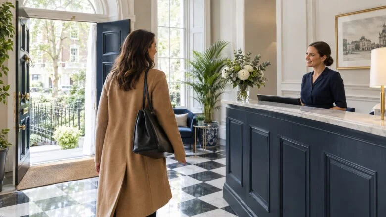 A patient being welcomed into the entrance hall of a private hospital in a Georgian London townhouse
