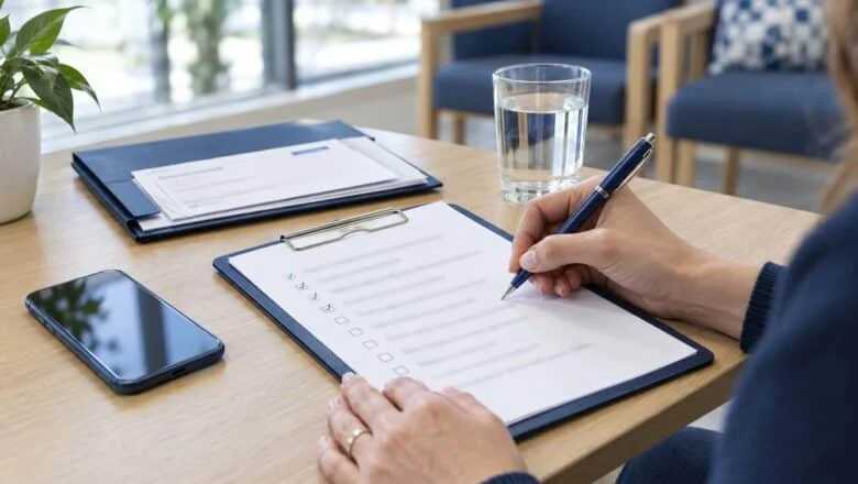 A patient ticking items on a pre-consultation checklist on a clipboard in a clinic waiting area