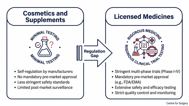 Diagram showing the regulation gap between cosmetics and supplements versus licensed medicines at Centre for Surgery London