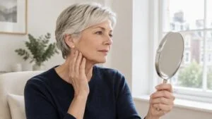 Woman in her early sixties studying her cheek and jawline in a hand mirror in a consultation room, weighing a deep plane facelift against a SMAS facelift