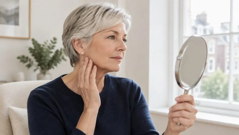 Woman in her early sixties studying her cheek and jawline in a hand mirror in a consultation room, weighing a deep plane facelift against a SMAS facelift